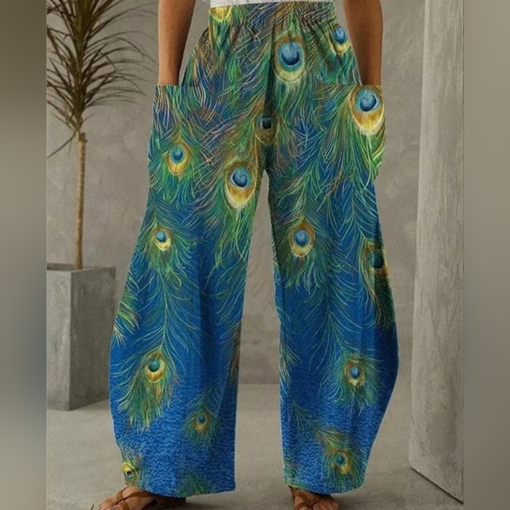 Peacock Feather Print Wide-Leg Pants
